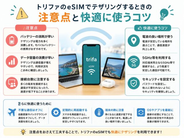 トリファのeSIMでテザリングはできる？設定方法や注意点と快適に使うコツを解説