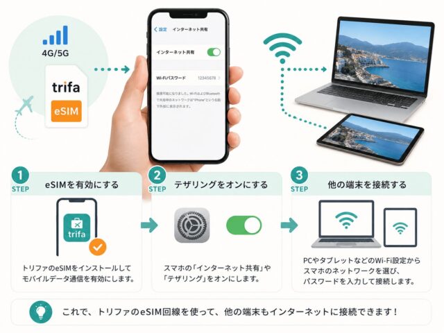トリファのeSIMでテザリングはできる？設定方法や注意点と快適に使うコツを解説